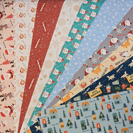 A selection of personalised Christmas wrapping papers with various festive patterns including Santa Claus, snowflakes, and Christmas trees.