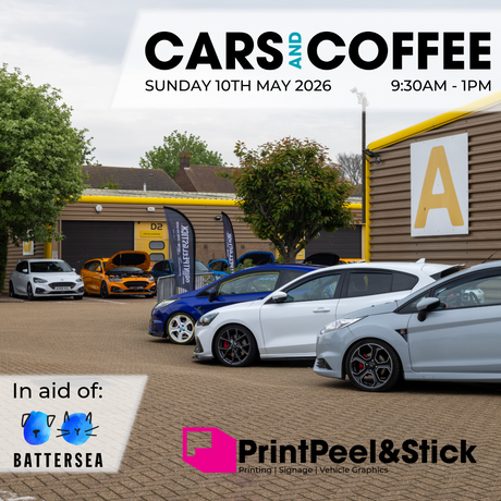 Promotional poster for 'Cars and Coffee' event with cars parked outdoors and event details.