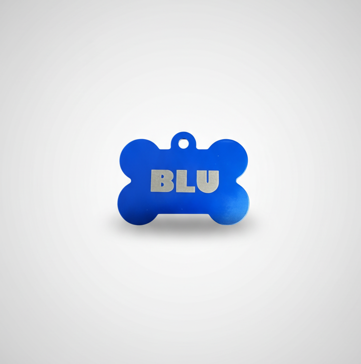 Blue bone-shaped tag with 'BLU' text on a light gray background