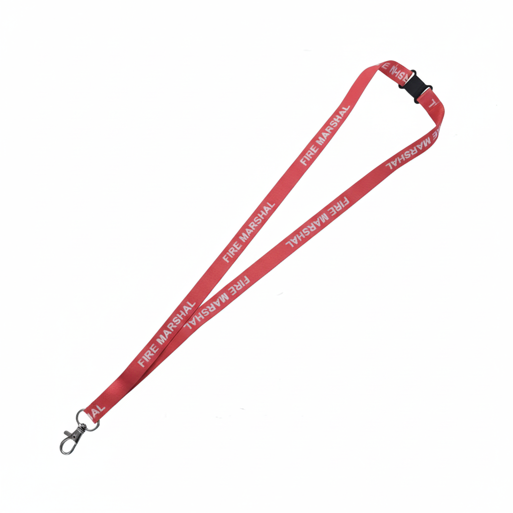 Red lanyard with 'FIRE MARSHAL' text on a white background