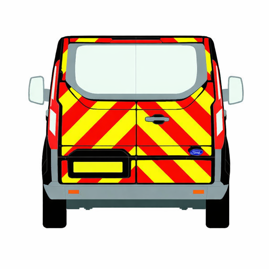 Back view of a van with a red and yellow hazard pattern on a white background. Chevron Kit, Ford Transit