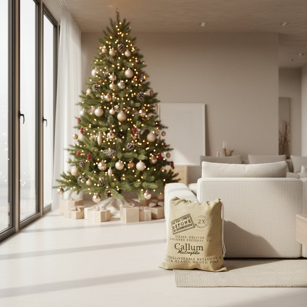 A personalized Christmas sack designed to look like a vintage delivery sack with text and a name on the front, placed on a flat surface.