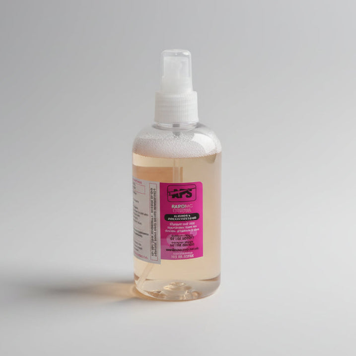 Clear spray bottle with a pink label on a wooden surface, with a blue car and building in the background.