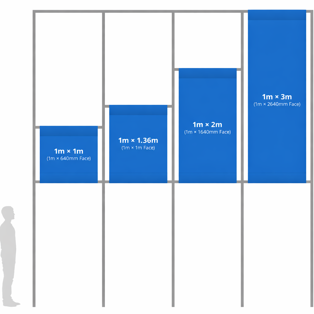 Blue panels of different sizes with dimensions labeled, shown against a white background.