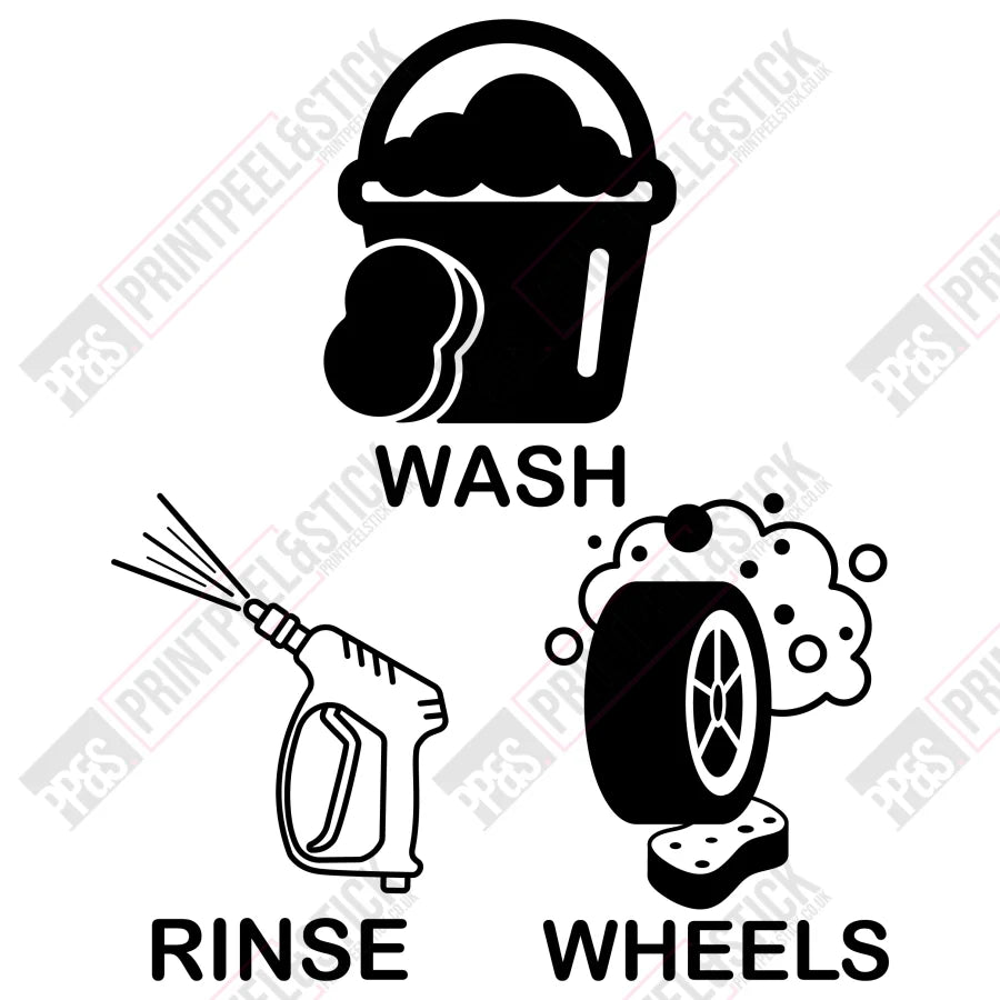 Wash Rinse & Wheels Bucket Stickers Set Of 3 (Wash Wheels) / Black Vehicle Cleaning Stickers