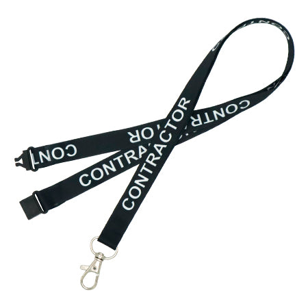 A black lanyard with the word 'CONTRACTOR' printed in white lettering, featuring a metal clip and plastic safety break.