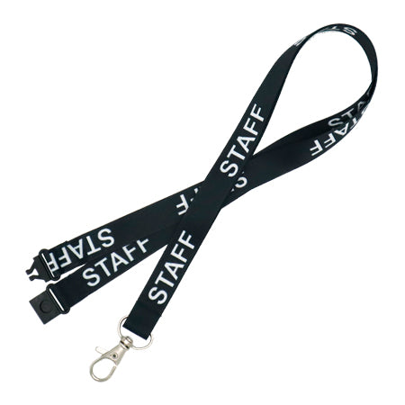 A black lanyard with the word 'STAFF' printed in white lettering, featuring a metal clip and plastic safety break.