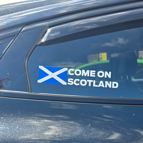 Car window with a Scottish world cup sticker.
