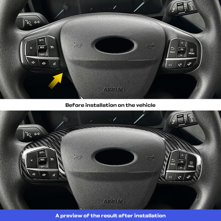 Before-and-after comparison of a car steering wheel trim installation. The top panel shows the steering wheel with a black textured center and side controls, labeled 'Before installation on the vehicle' with a yellow arrow pointing to the area being installed.