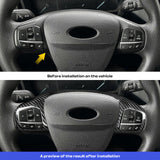 Before-and-after comparison of a car steering wheel trim installation. The top panel shows the steering wheel with a black textured center and side controls, labeled 'Before installation on the vehicle' with a yellow arrow pointing to the area being installed.