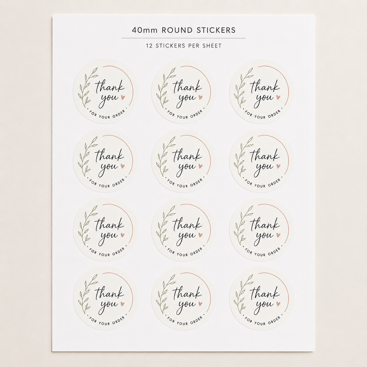 A sheet of round 40mm stickers with a botanical wreath design and the words 'thank you' in script, plus smaller text reading 'FOR YOUR GIFT' and '12 STICKERS PER SHEET' at the top.