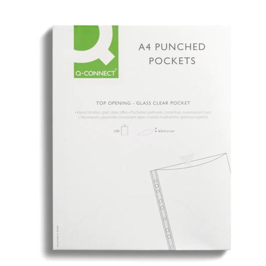 Q-Connect Delux Punched Pocket Top Opening Green Strip A4 Clear (Pack of 100)