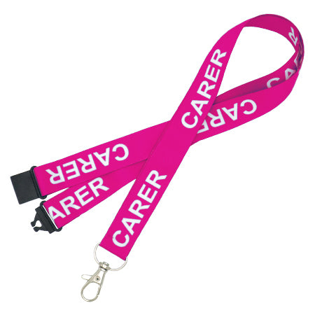 A pink lanyard with the word 'CARER' printed in white letters, featuring a metal trigger clip and a plastic safety breakaway.
