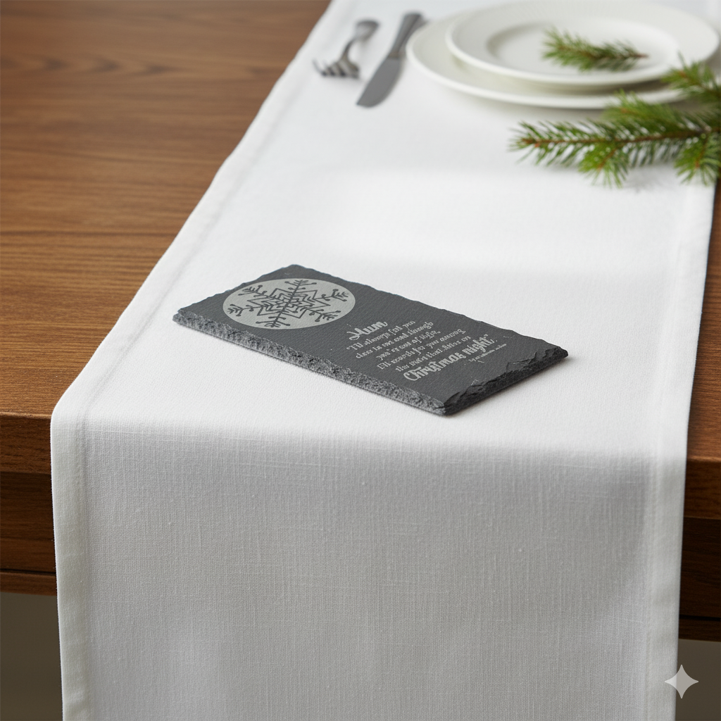 Slate coasters with engraved text on a white tablecloth