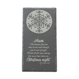 Slate with snowflake design and text on a white background