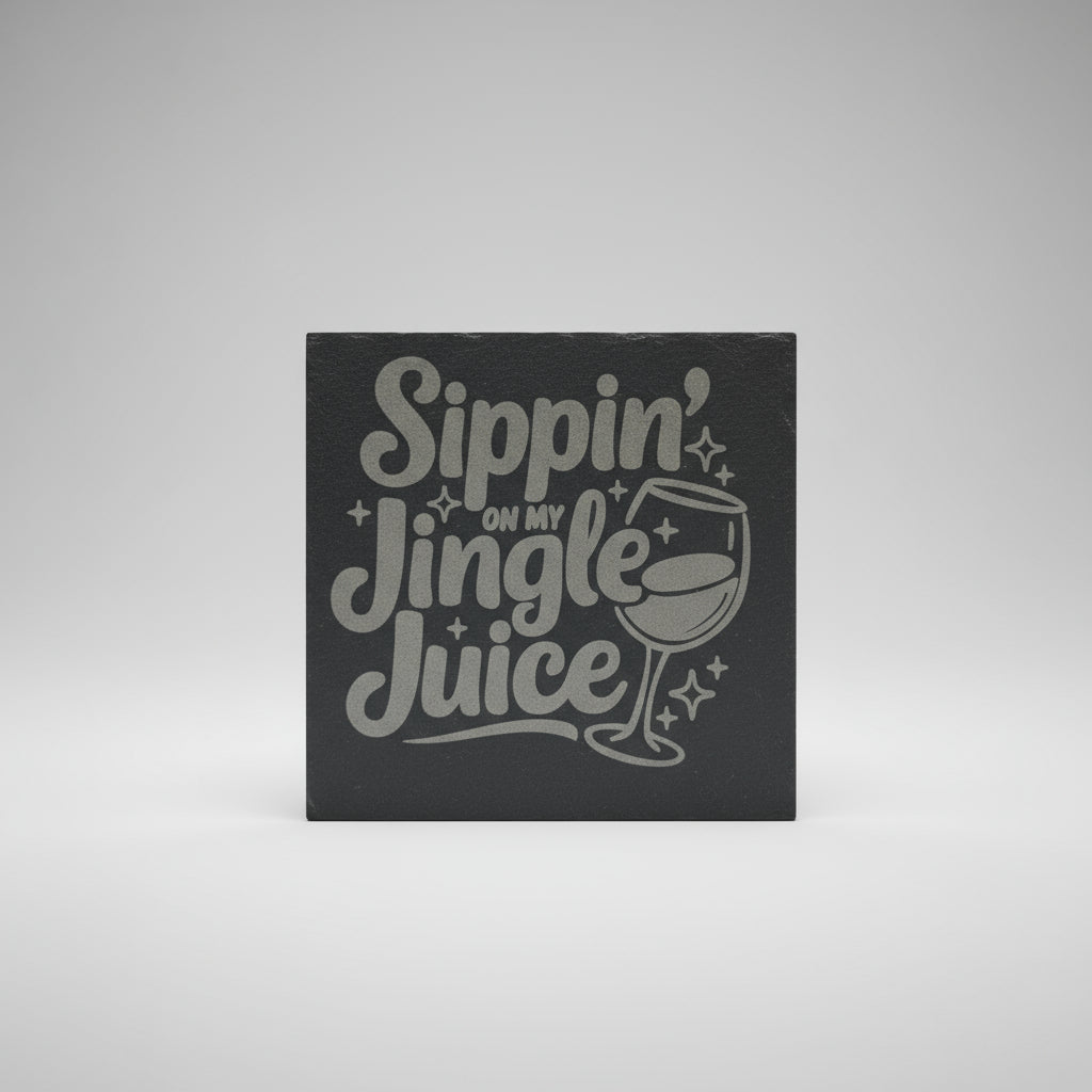 Decorative sign with 'Sippin' on my Jingle Juice' text and a wine glass graphic on a gray background.