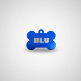 Blue bone-shaped tag with 'BLU' text on a light gray background