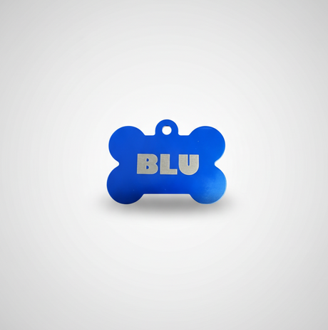 Blue bone-shaped tag with 'BLU' text on a light gray background