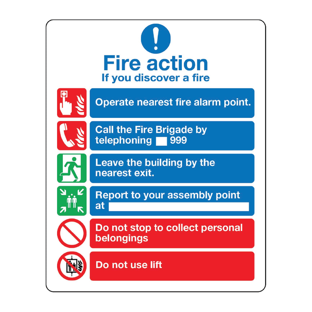 Fire Action Notice incorporating graphic symbols from BS 5499 (with lifts) - Fire Action Signs