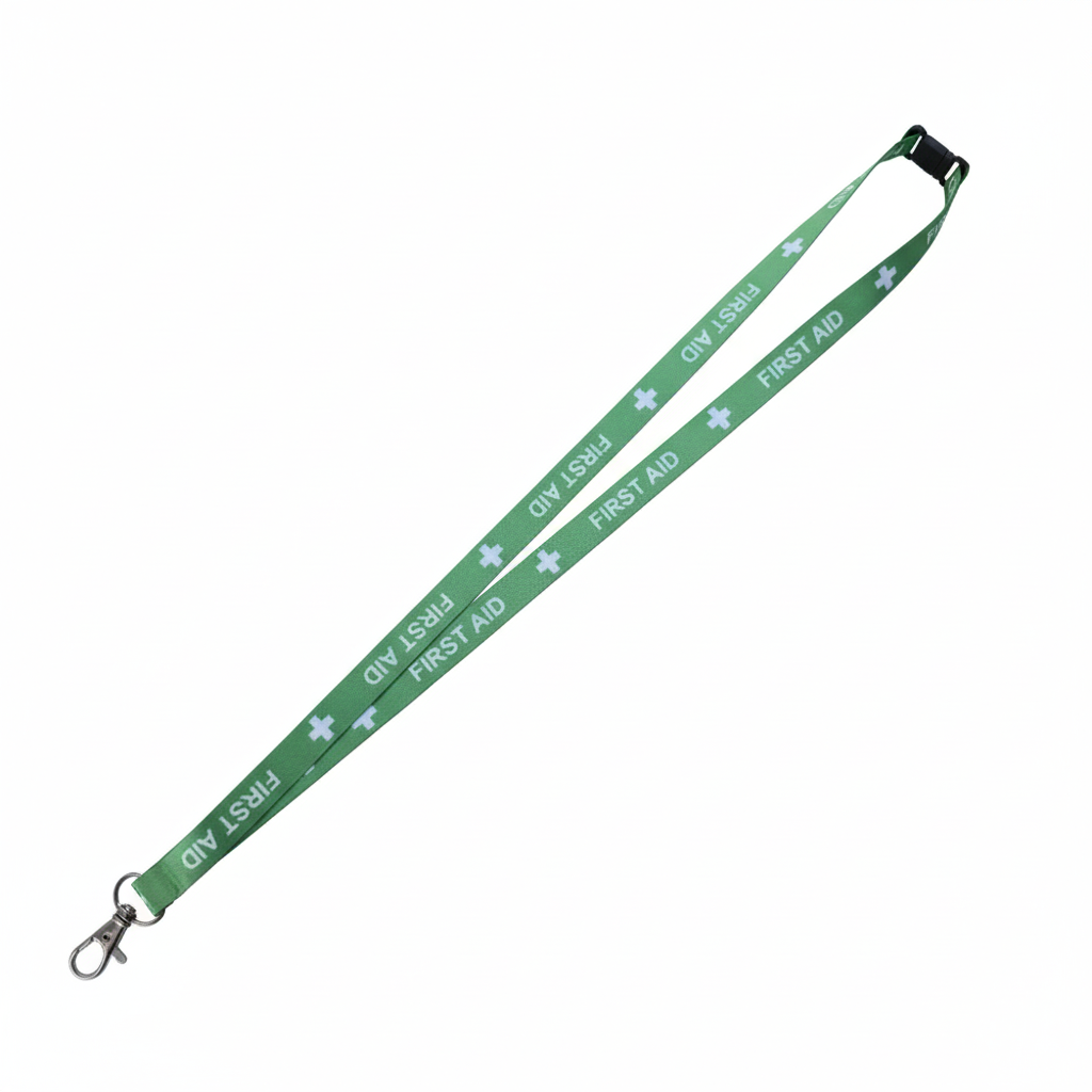 Green lanyard with 'FIRST AID' text on a white background