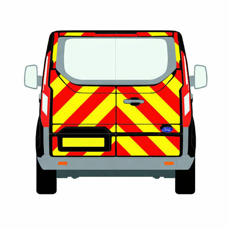 Back view of a van with a red and yellow hazard pattern on a white background. Chevron Kit, Ford Transit