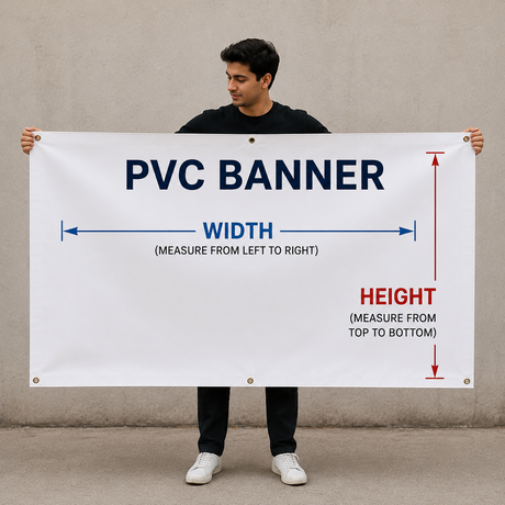 Person holding a PVC banner with measurement instructions against a plain background