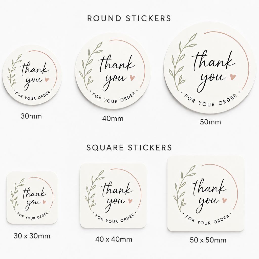 A set of round and square thank you order stickers shown in three sizes (30mm, 40mm, 50mm) on a light gray background. The stickers are cream-colored with a delicate green leaf wreath design and a small pink heart, with 'thank you' written in elegant black script.