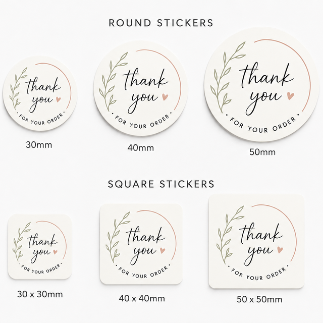 A set of round and square thank you order stickers shown in three sizes (30mm, 40mm, 50mm) on a light gray background. The stickers are cream-colored with a delicate green leaf wreath design and a small pink heart, with 'thank you' written in elegant black script.