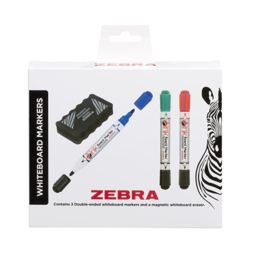 Zebra Double Ended Whiteboard Marker Assorted (Pack 3) with Magnetic Eraser